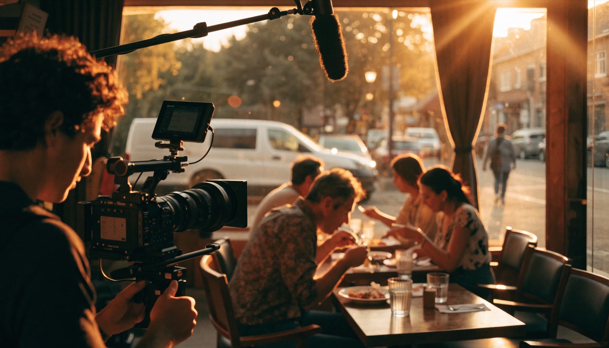 A film crew shooting inside a restaurant at golden hour