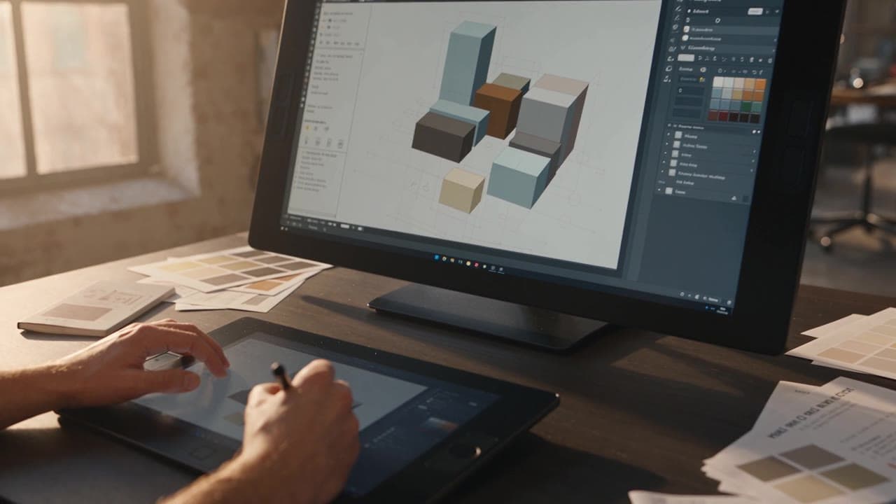 A designer laying out brand materials on a pen tablet