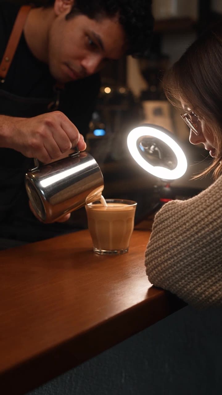 A creator filming a barista pouring latte art on a phone and ring light