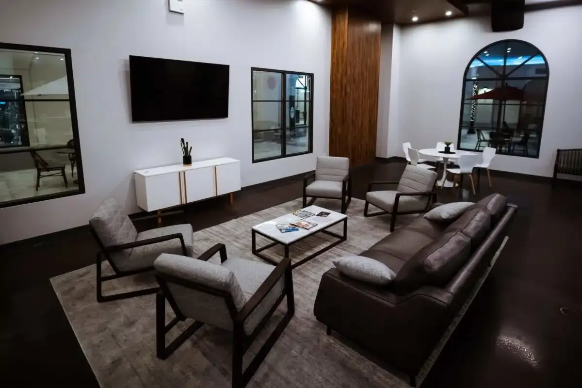 A furnished lounge with sofas, armchairs and a television